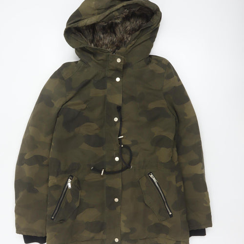 Divided H&M Women Green Camo UK 8 Hooded Faux Fur Parka Coat