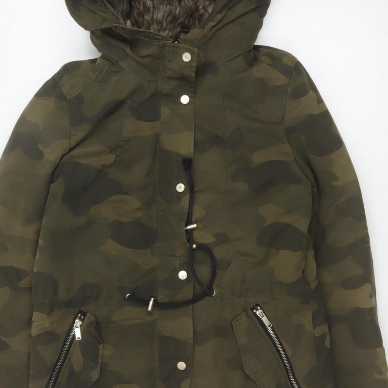 Divided H&M Women Green Camo UK 8 Hooded Faux Fur Parka Coat