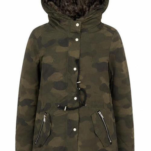 Divided H&M Women Green Camo UK 8 Hooded Faux Fur Parka Coat