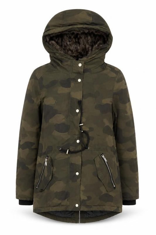 Divided H&M Women Green Camo UK 8 Hooded Faux Fur Parka Coat