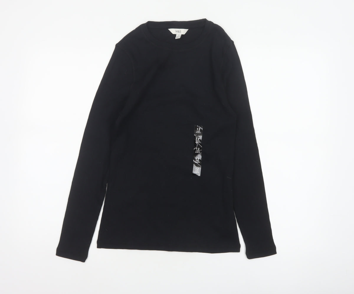 Marks and Spencer Women Black Size 12 Slim Ribbed Long Sleeve T-Shirt