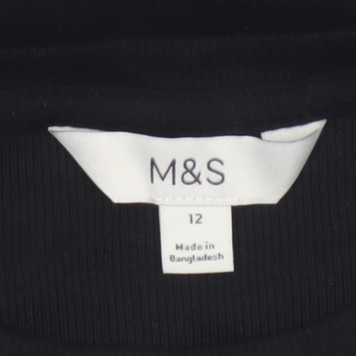 Marks and Spencer Women Black Size 12 Slim Ribbed Long Sleeve T-Shirt