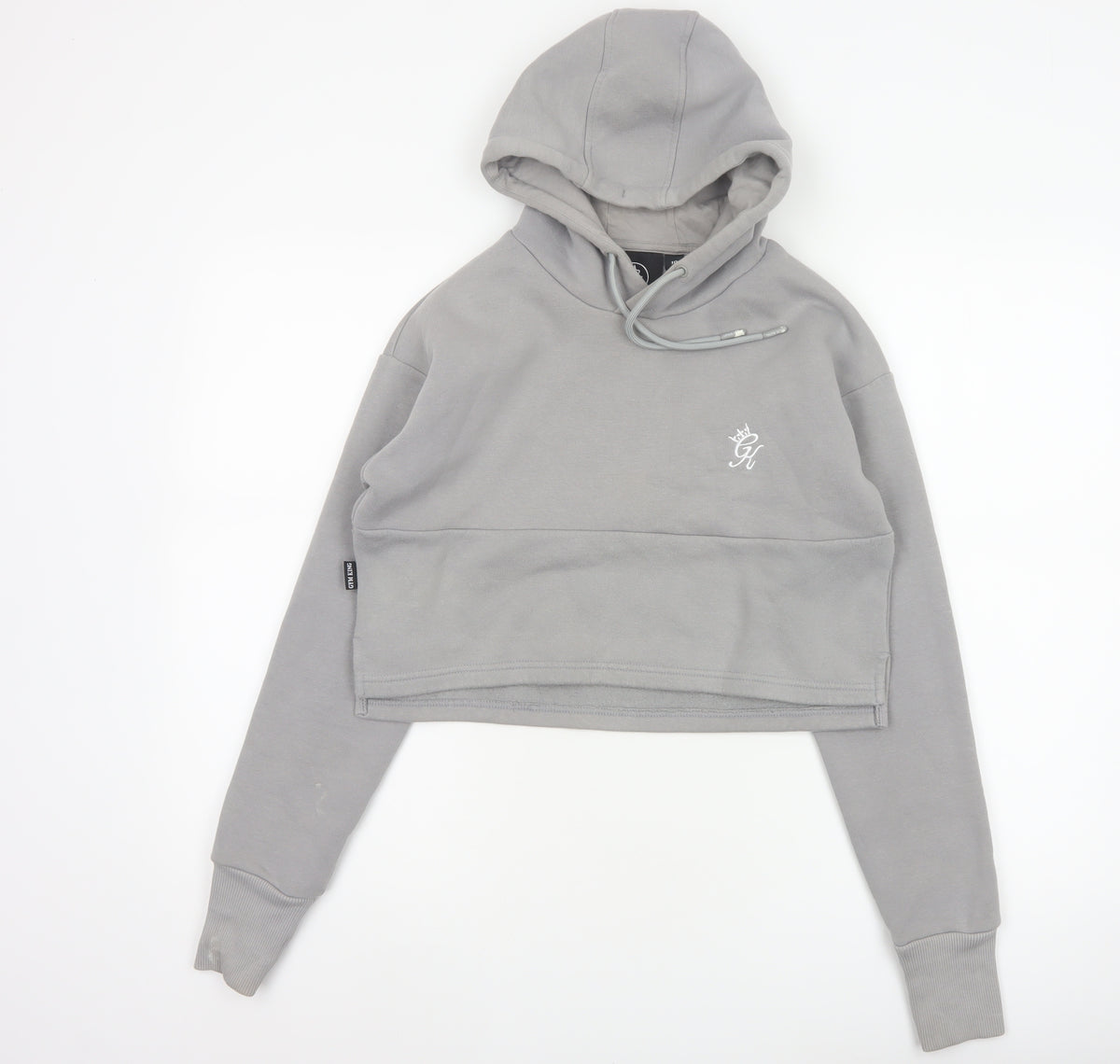 Back view of Gym King Women’s Grey, size UK 10, Cropped Pullover Hoodie Logo