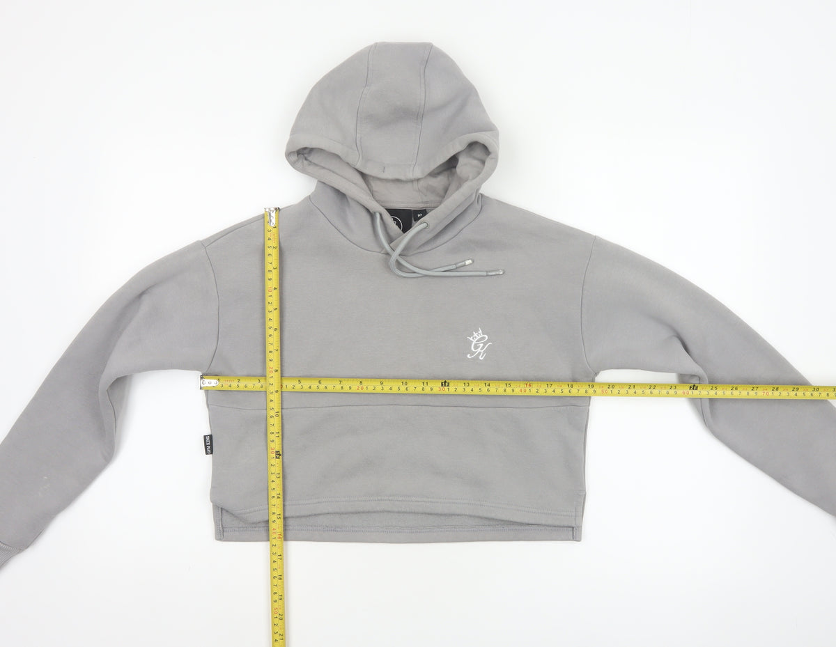 Close-up detail of Gym King Women’s Grey, size UK 10, Cropped Pullover Hoodie Logo