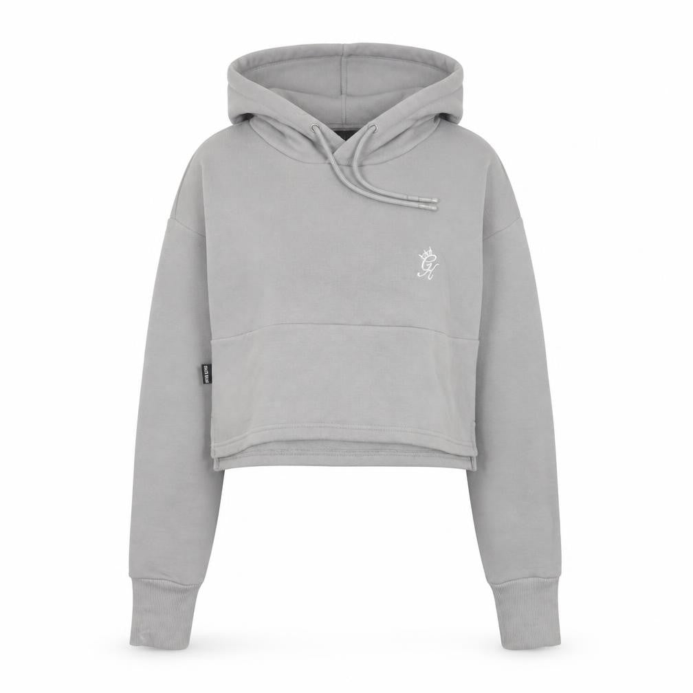 Front view of Gym King Women’s Grey, size UK 10, Cropped Pullover Hoodie Logo