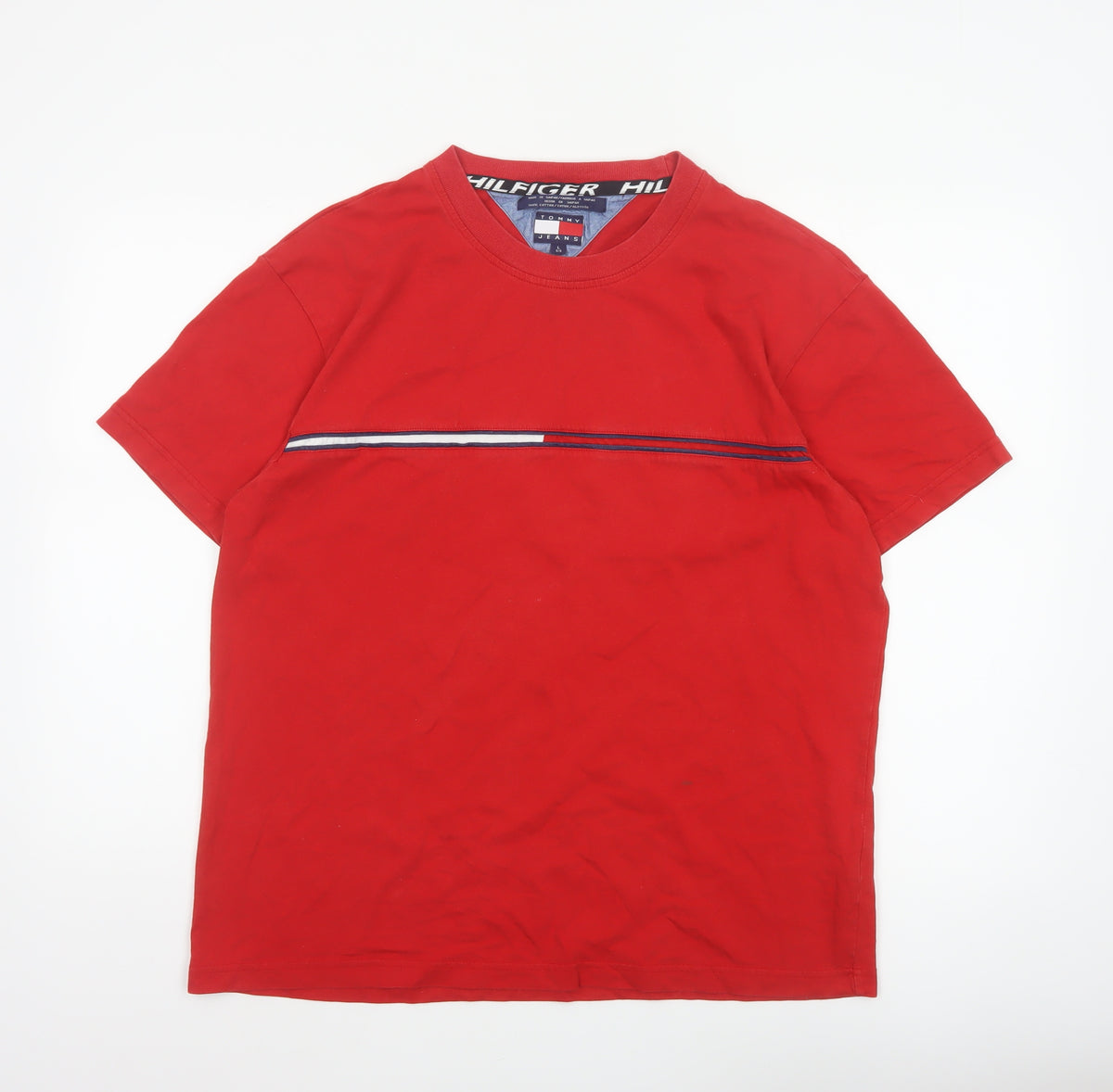 Tommy Jeans Men’s Red L Cotton Colourblock Stripe Crew Neck T-Shirt