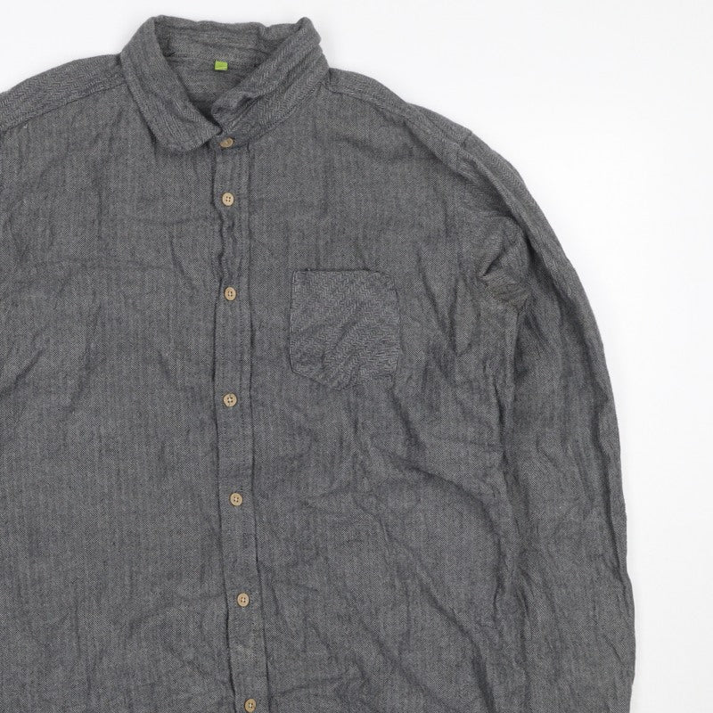 Primark Men Grey L Herringbone Organic Cotton Button-Down Shirt