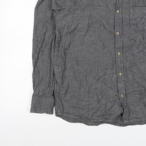 Primark Men Grey L Herringbone Organic Cotton Button-Down Shirt
