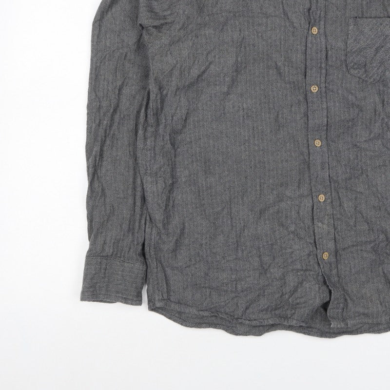 Primark Men Grey L Herringbone Organic Cotton Button-Down Shirt