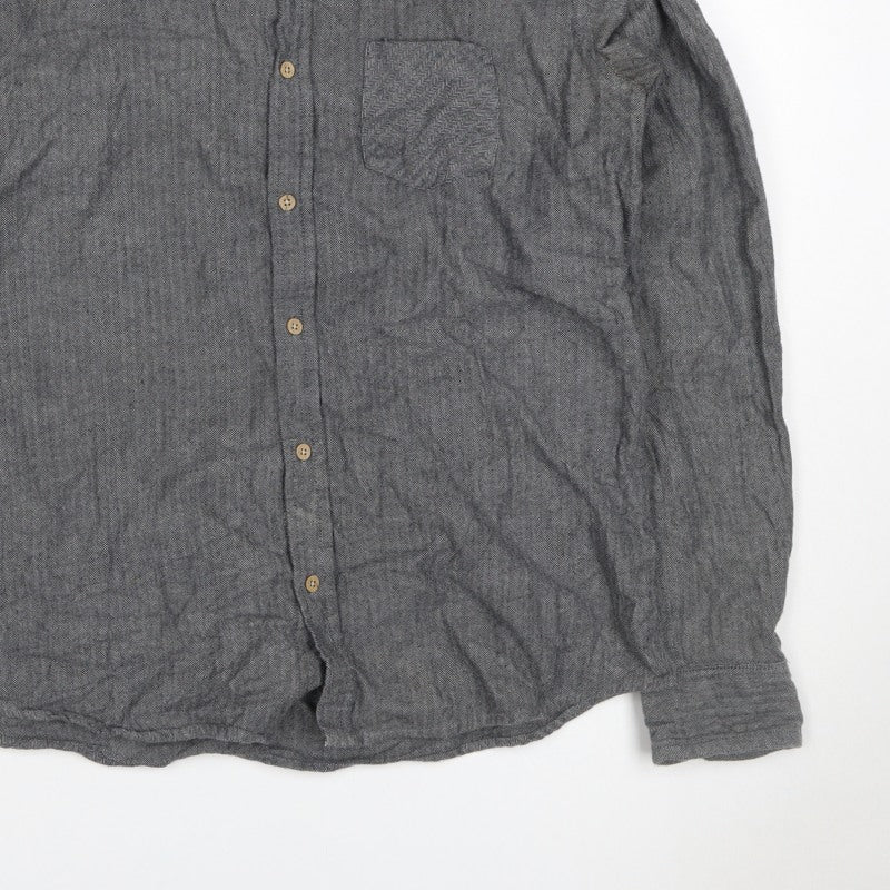 Primark Men Grey L Herringbone Organic Cotton Button-Down Shirt