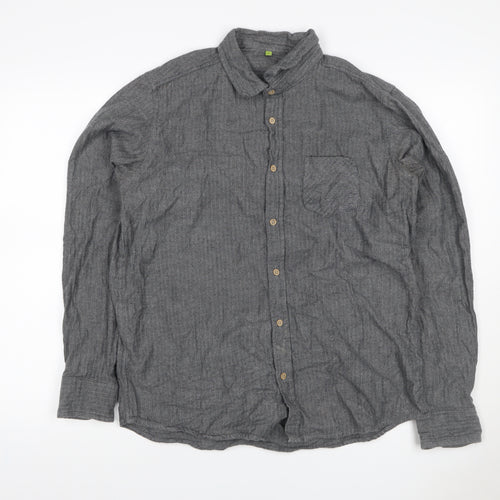 Primark Men Grey L Herringbone Organic Cotton Button-Down Shirt