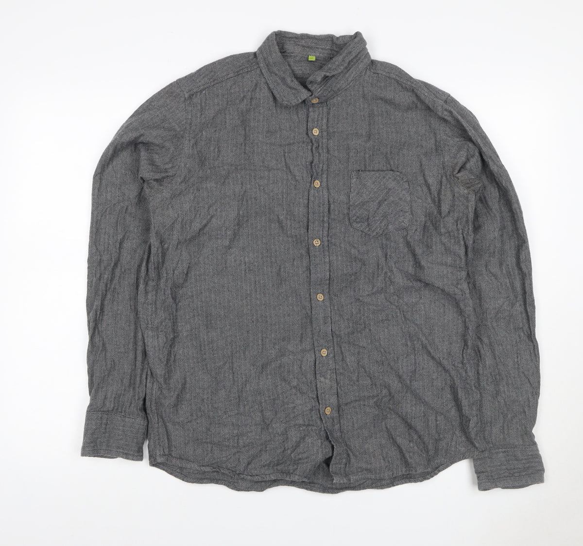 Primark Men Grey L Herringbone Organic Cotton Button-Down Shirt