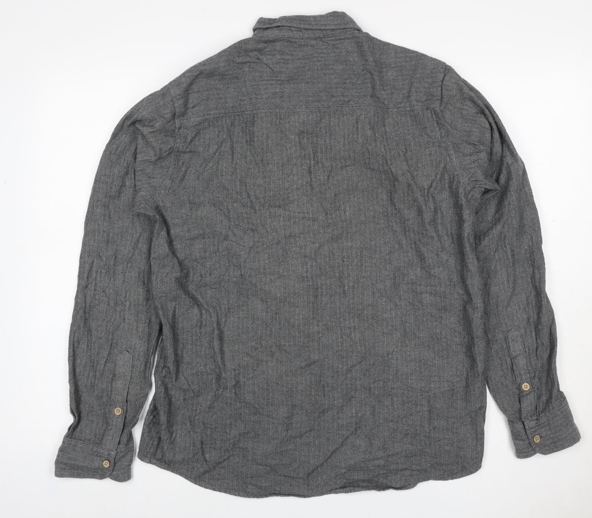 Primark Men Grey L Herringbone Organic Cotton Button-Down Shirt