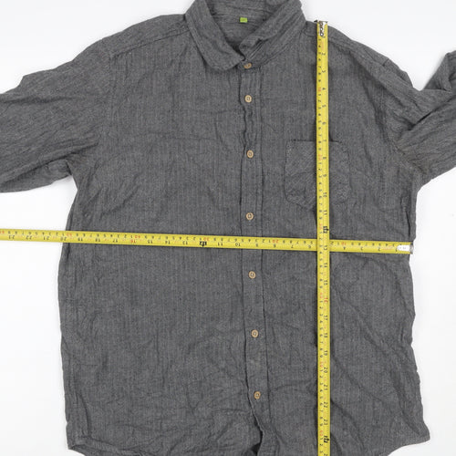 Primark Men Grey L Herringbone Organic Cotton Button-Down Shirt