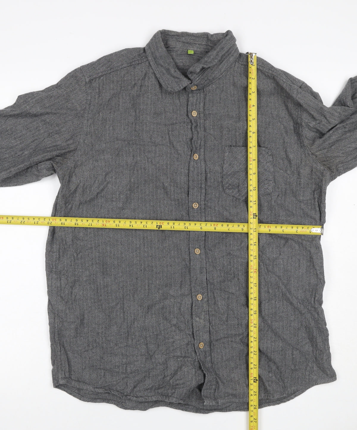 Primark Men Grey L Herringbone Organic Cotton Button-Down Shirt