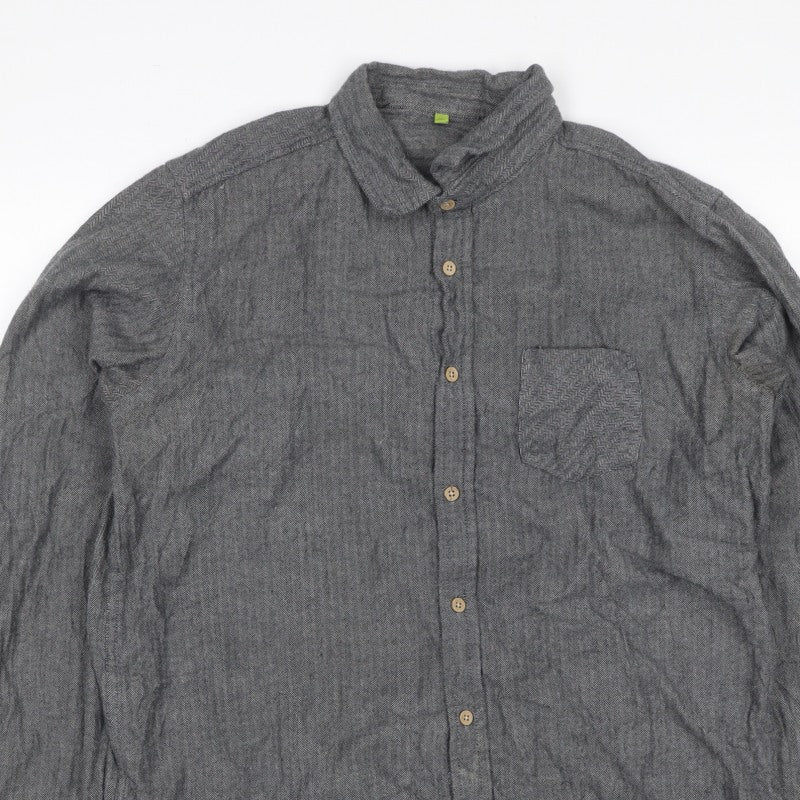 Primark Men Grey L Herringbone Organic Cotton Button-Down Shirt
