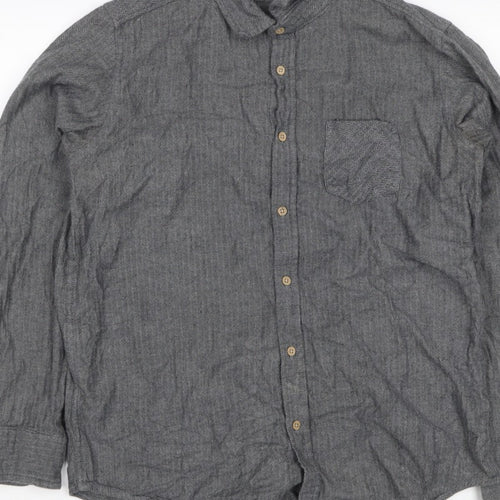 Primark Men Grey L Herringbone Organic Cotton Button-Down Shirt