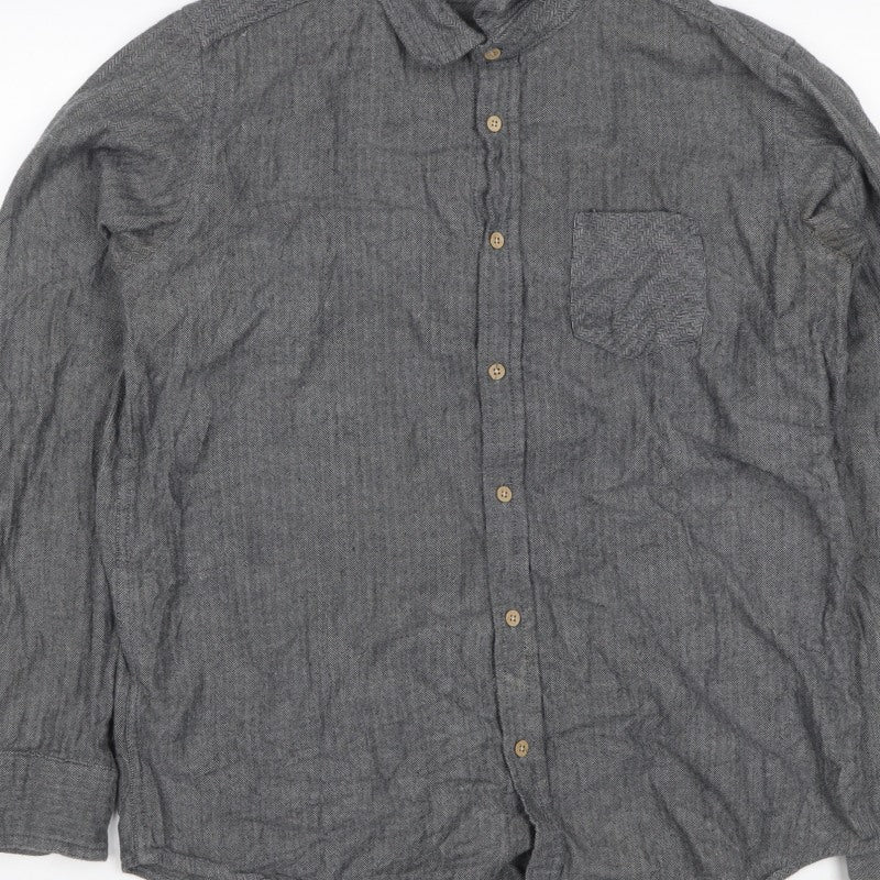Primark Men Grey L Herringbone Organic Cotton Button-Down Shirt
