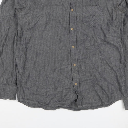 Primark Men Grey L Herringbone Organic Cotton Button-Down Shirt