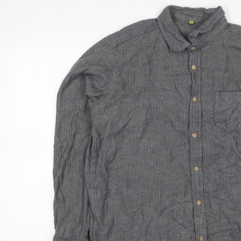 Primark Men Grey L Herringbone Organic Cotton Button-Down Shirt