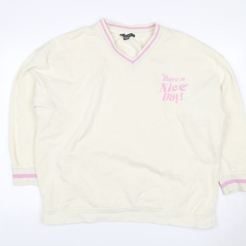 Primark Women’s Ivory L Pullover Sweatshirt Pink Slogan V-Neck