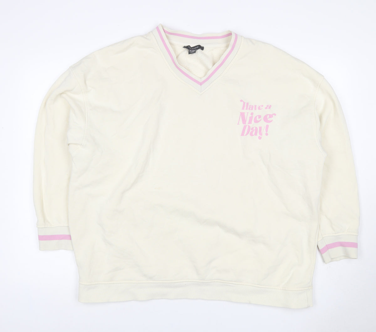 Primark Women’s Ivory L Pullover Sweatshirt Pink Slogan V-Neck