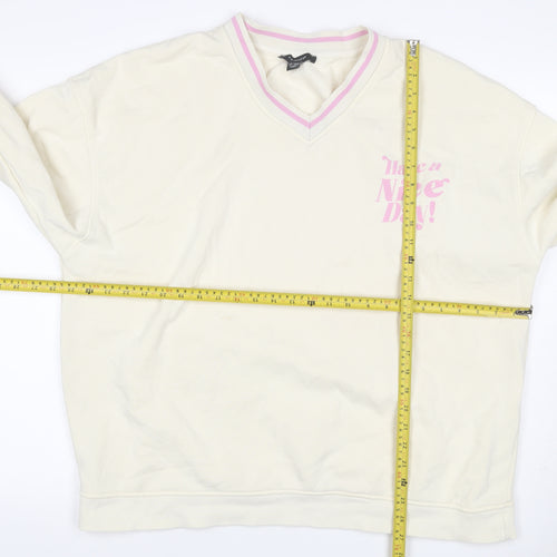 Primark Women’s Ivory L Pullover Sweatshirt Pink Slogan V-Neck