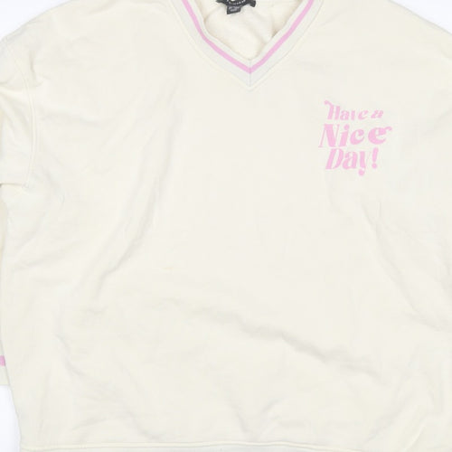 Primark Women’s Ivory L Pullover Sweatshirt Pink Slogan V-Neck