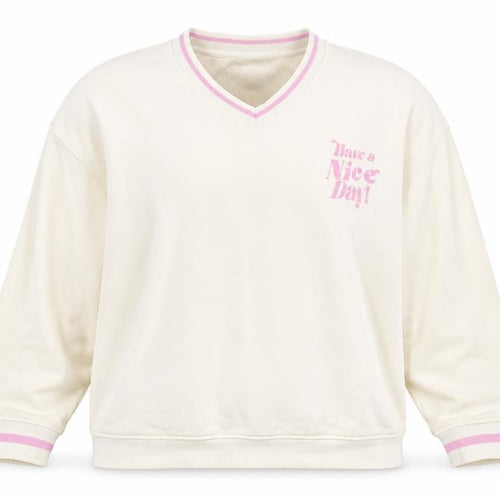 Primark Women’s Ivory L Pullover Sweatshirt Pink Slogan V-Neck