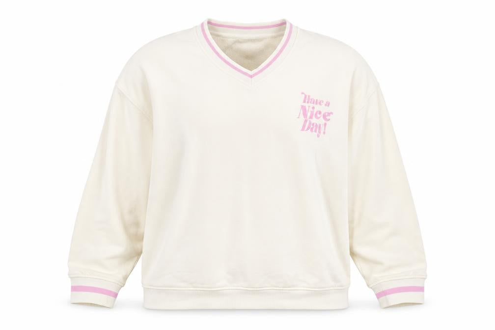 Primark Women’s Ivory L Pullover Sweatshirt Pink Slogan V-Neck