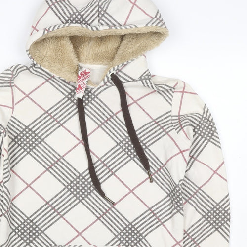 Bershka Women’s M White Check Fleece-Lined Hooded Pullover Hoodie