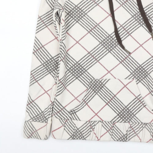 Bershka Women’s M White Check Fleece-Lined Hooded Pullover Hoodie