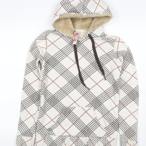 Bershka Women’s M White Check Fleece-Lined Hooded Pullover Hoodie
