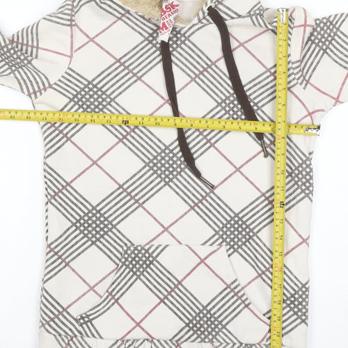 Bershka Women’s M White Check Fleece-Lined Hooded Pullover Hoodie