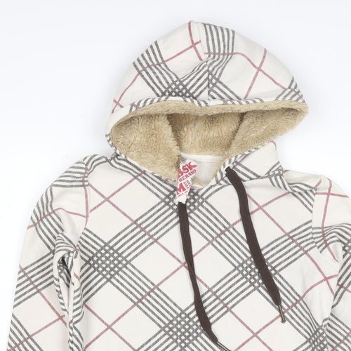Bershka Women’s M White Check Fleece-Lined Hooded Pullover Hoodie