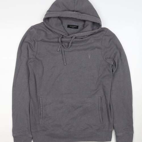 AllSaints Men’s Grey XS Pullover Hoodie Embroidered Logo Pockets