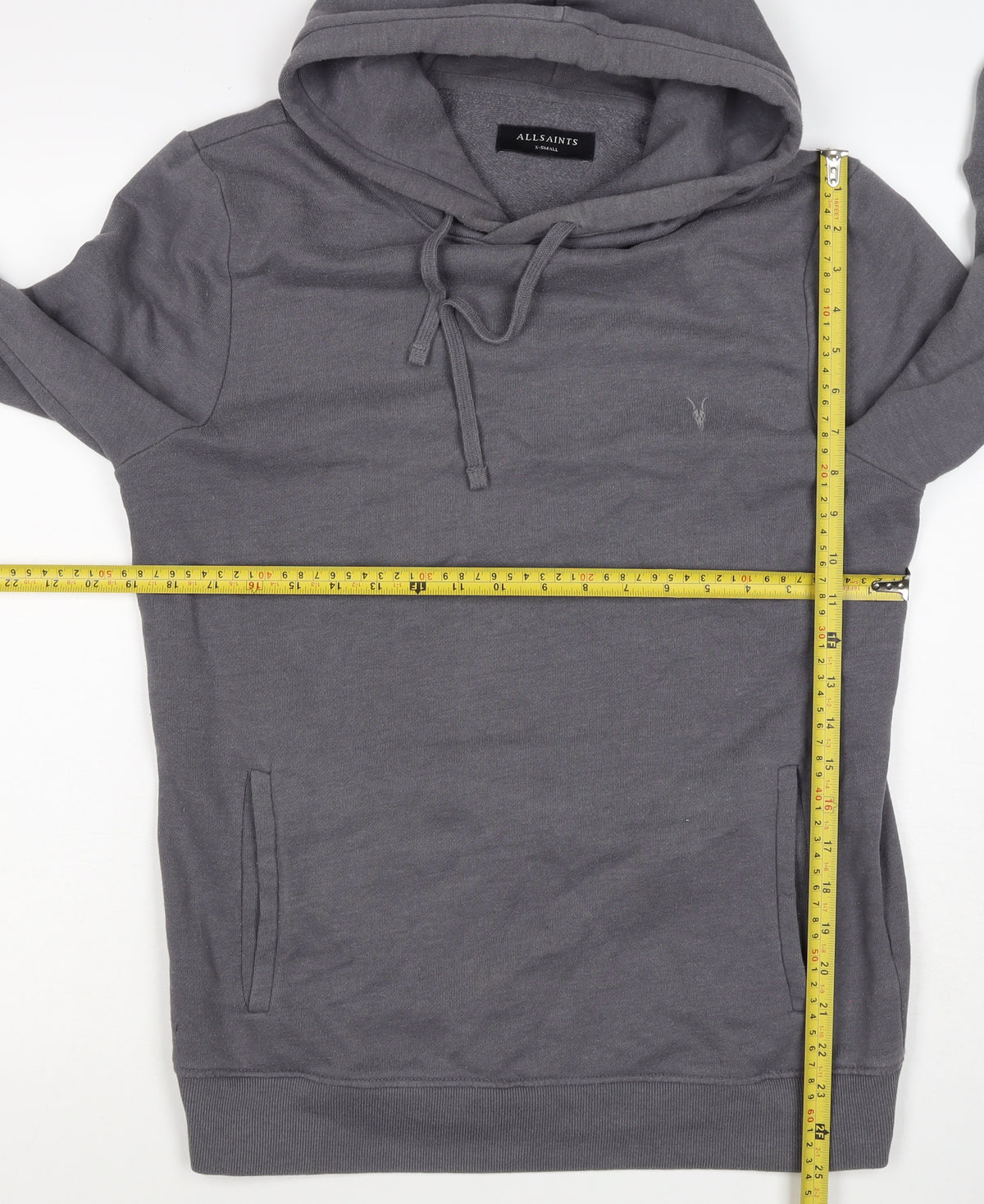 AllSaints Men’s Grey XS Pullover Hoodie Embroidered Logo Pockets