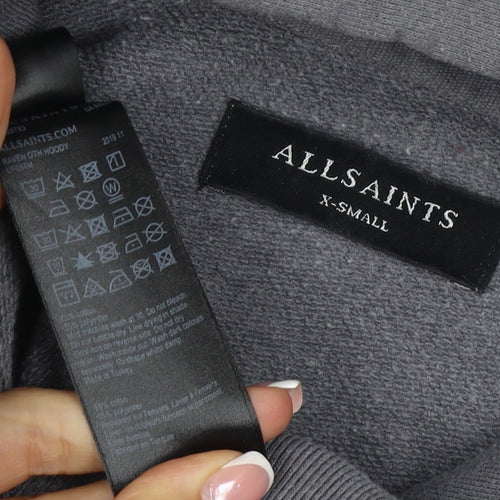 AllSaints Men’s Grey XS Pullover Hoodie Embroidered Logo Pockets