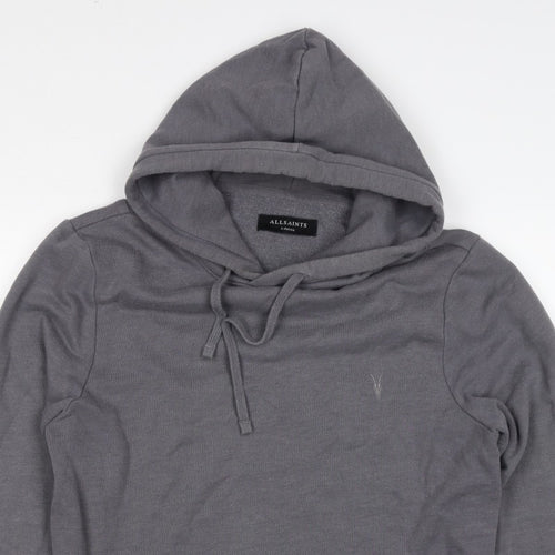 AllSaints Men’s Grey XS Pullover Hoodie Embroidered Logo Pockets