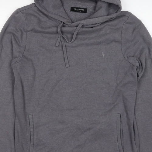 AllSaints Men’s Grey XS Pullover Hoodie Embroidered Logo Pockets