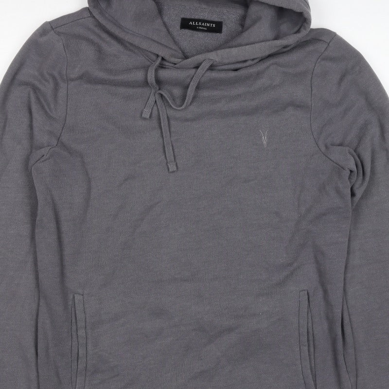 AllSaints Men’s Grey XS Pullover Hoodie Embroidered Logo Pockets