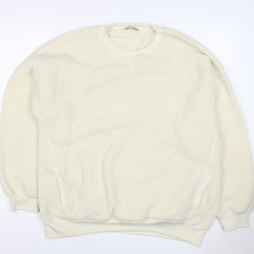 Next Women Ivory L Sherpa Fleece Crew Neck Pullover Sweatshirt Pockets