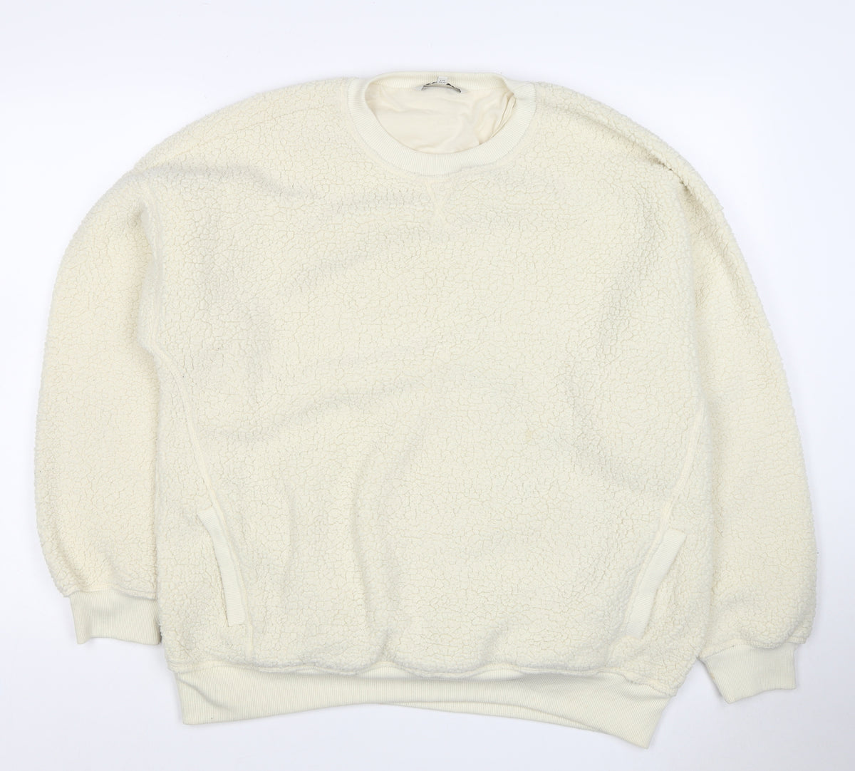 Next Women Ivory L Sherpa Fleece Crew Neck Pullover Sweatshirt Pockets
