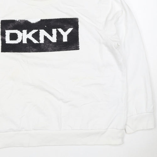 DKNY Women White XL Pullover Sweatshirt Sequin Logo Crew Neck