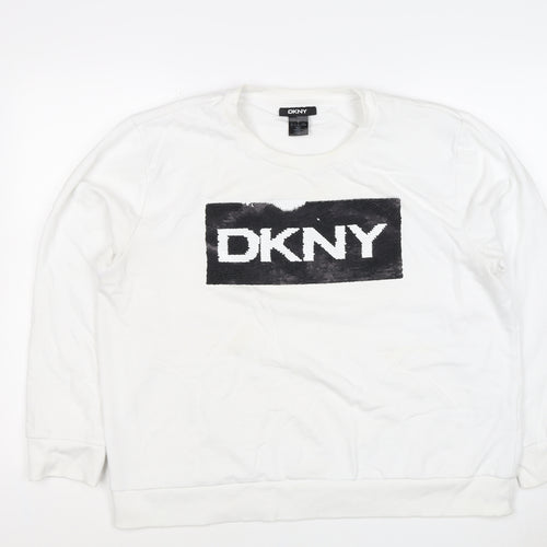 DKNY Women White XL Pullover Sweatshirt Sequin Logo Crew Neck