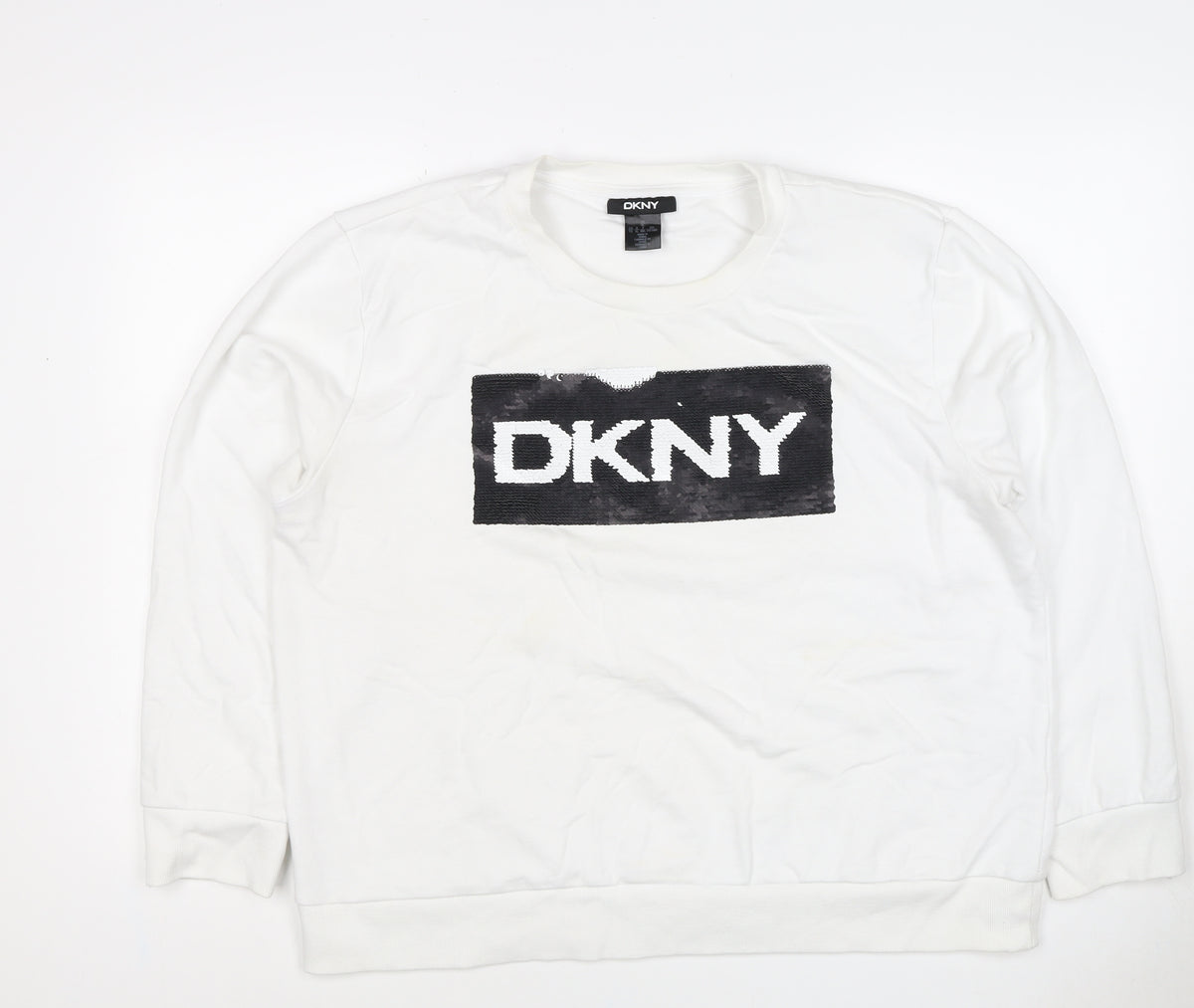 DKNY Women White XL Pullover Sweatshirt Sequin Logo Crew Neck