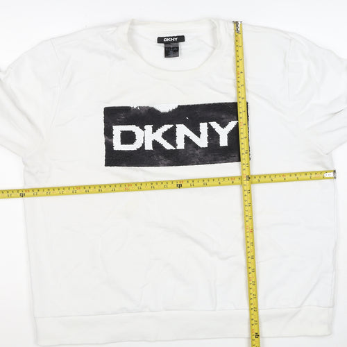 DKNY Women White XL Pullover Sweatshirt Sequin Logo Crew Neck