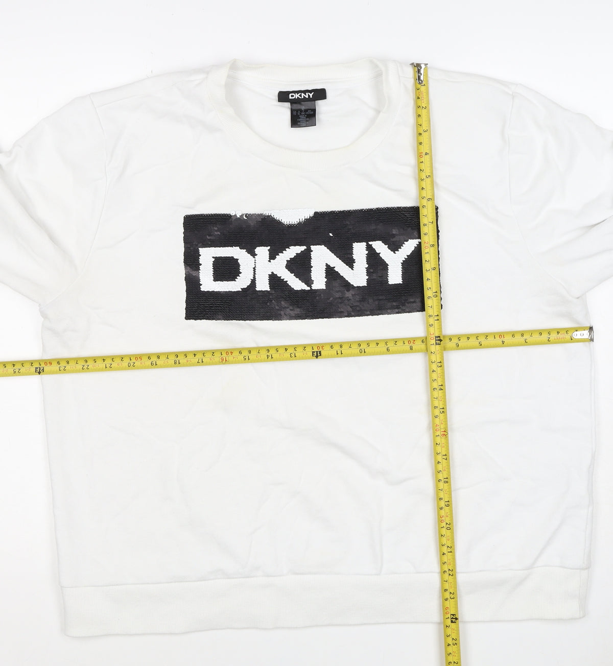 DKNY Women White XL Pullover Sweatshirt Sequin Logo Crew Neck