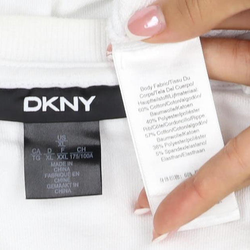 DKNY Women White XL Pullover Sweatshirt Sequin Logo Crew Neck
