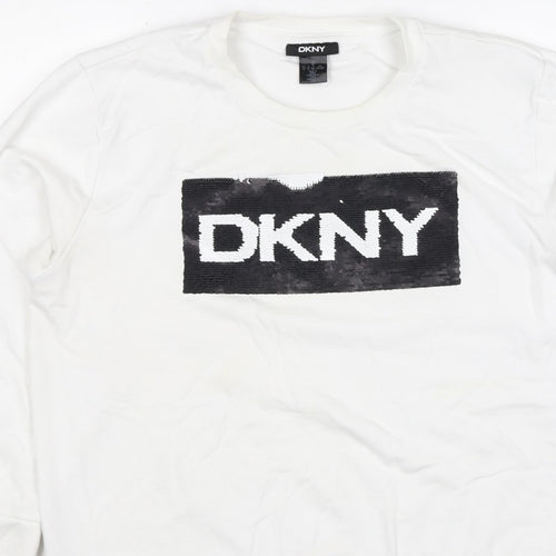 DKNY Women White XL Pullover Sweatshirt Sequin Logo Crew Neck